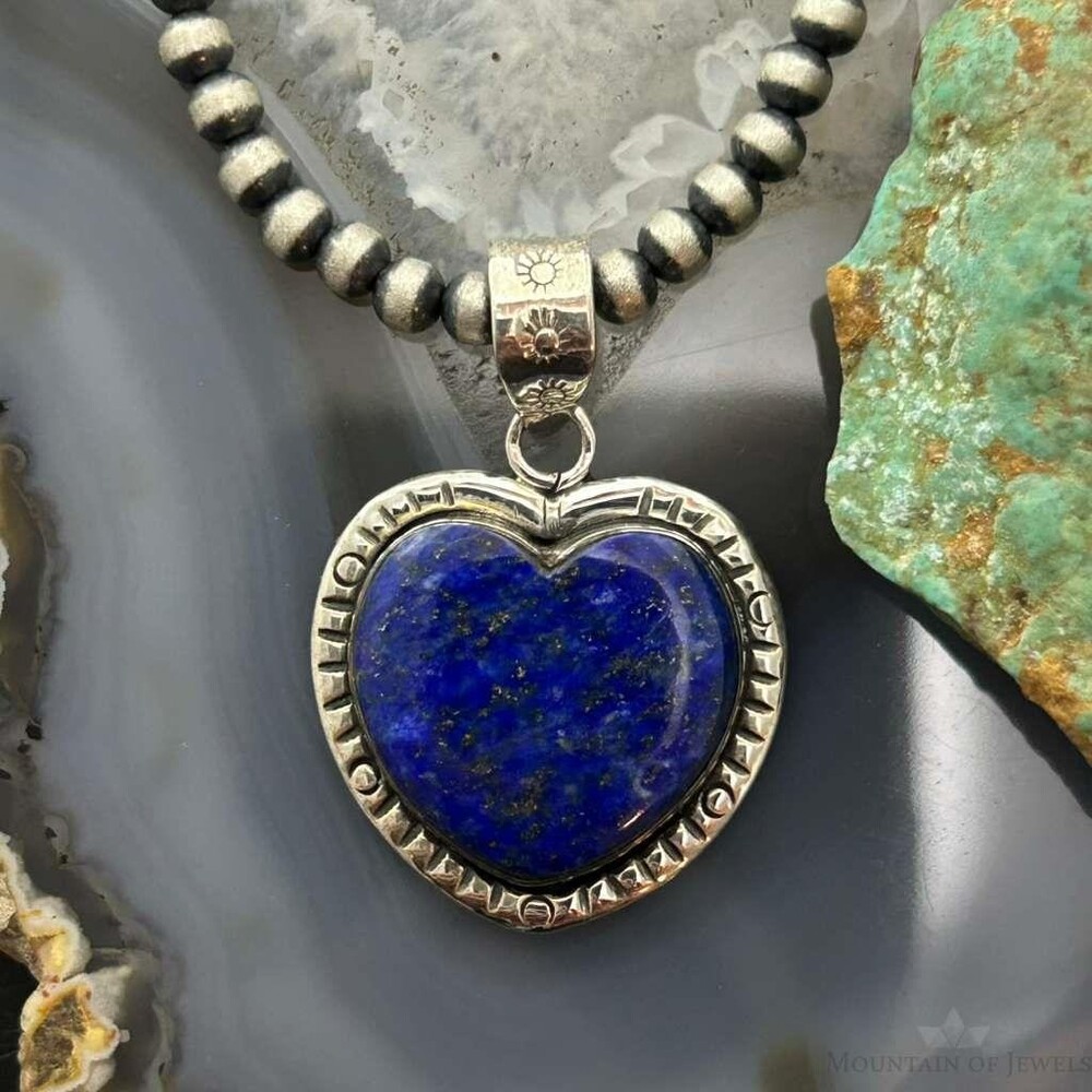 Sterling Southwestern Style Lapis Heart Decorated Pendant For Women #3
